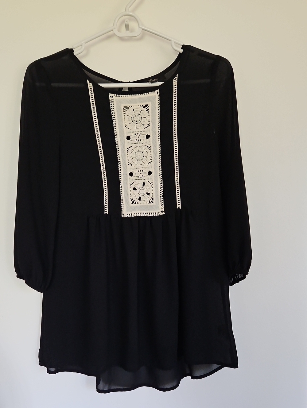 Black Peasant Tunic Dress with White Crochet Panel
